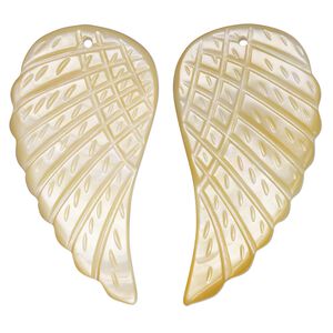 Focal, golden lip shell (natural), 36x20mm-40x24mm single-sided hand-cut left- and right-facing carved wing, Mohs hardness 3-1/2. Sold per pkg of 2.