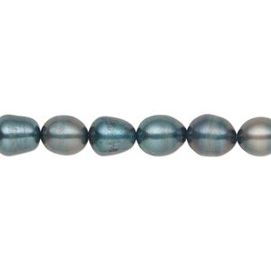 Pearl, cultured freshwater (dyed), iris green, 7-8mm rice, C grade, Mohs hardness 2-1/2 to 4. Sold per 16-inch strand.