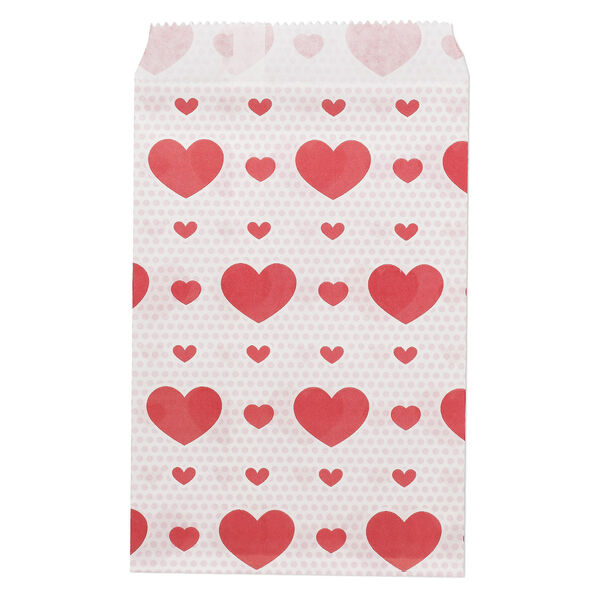 Bag, paper, white / pink / red, 6x4 inches with heart and dot design and scalloped top edge. Sold per pkg of 100. image number 0