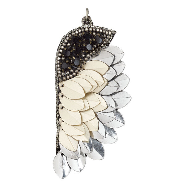 Focal, velveteen / acrylic / steel, black, gold and silver, 3x1-2/3-inch single-sided wing. Sold individually. image number 0