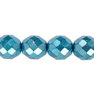 Bead, Czech fire-polished glass, pkg/15-1/2 to 16 inches, 12mm faceted round, opaque aqua carmen, (23980-70032).