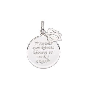 Drop, sterling silver, 8x7mm open angel and 16mm single-sided round with "Friends are kisses blown to us by angels." Sold individually.