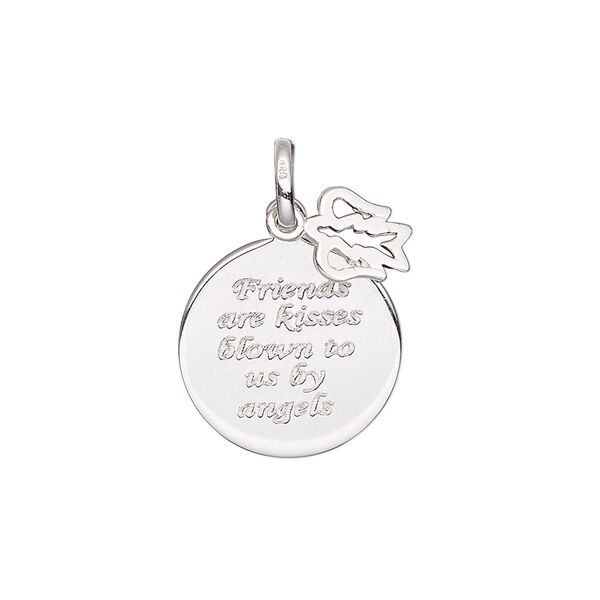 Drop, sterling silver, 8x7mm open angel and 16mm single-sided round with "Friends are kisses blown to us by angels." Sold individually. image number 0