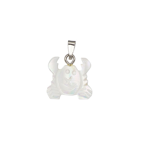 Pendant, mother-of-pearl shell (bleached) / antique silver-finished "pewter" (zinc-based alloy) / steel, 13x12mm-14x13mm single-sided carved crab. Sold individually. image number 0