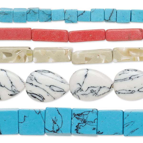 Bead mix, resin / mother-of-pearl shell / black lip shell / turquoise / howlite / coral (imitation / assembled), mixed colors, 4mm-32x32mm mixed shape. Sold per (5) 15" to 16" strands. image number 0