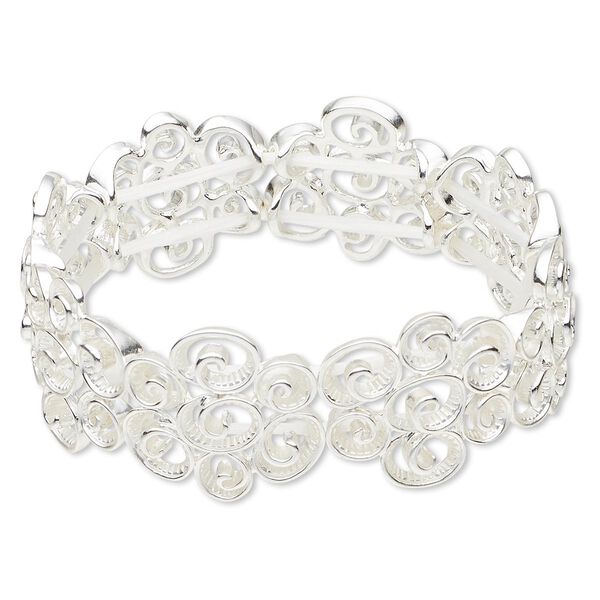 Bracelet, stretch, epoxy and silver-finished "pewter" (zinc-based alloy), 23mm wide with swirl flower design, 6-1/2 inches. Sold individually. image number 0