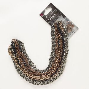 Chain assortment, multi-finished "pewter" (zinc-based alloy) and steel, mixed sizes curb and cable. Sold per pkg of 12.