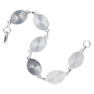 Bracelet component, silver-finished steel, 20x14.5mm oval links with sunburst pattern, 8 inches with fold-over clasp. Sold individually.