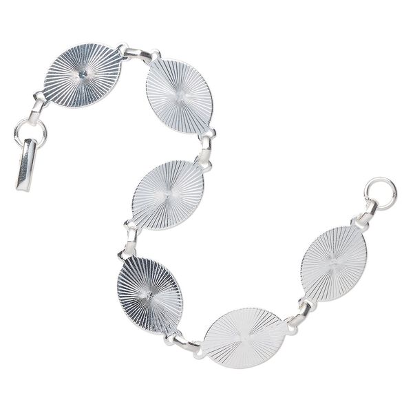 Bracelet component, silver-finished steel, 20x14.5mm oval links with sunburst pattern, 8 inches with fold-over clasp. Sold individually. image number 0