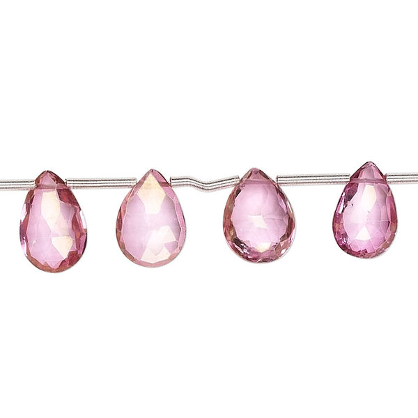Bead, pink topaz (coated), 9x7mm-11x7mm hand-cut top-drilled faceted puffed teardrop, B grade, Mohs hardness 8. Sold per 8-inch strand, approximately 15 beads. image number 0