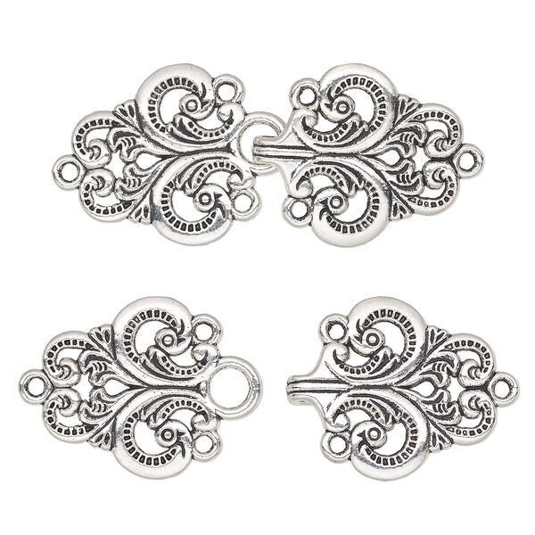 Clasp, hook, antique silver-finished "pewter" (zinc-based alloy), 67x28mm fleur-de-lis. Sold individually. image number 0