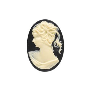 Cabochon, acrylic, ivory and black, 25x18mm right- and left-facing non-calibrated oval cameo with woman. Sold per pkg of 6 pairs.