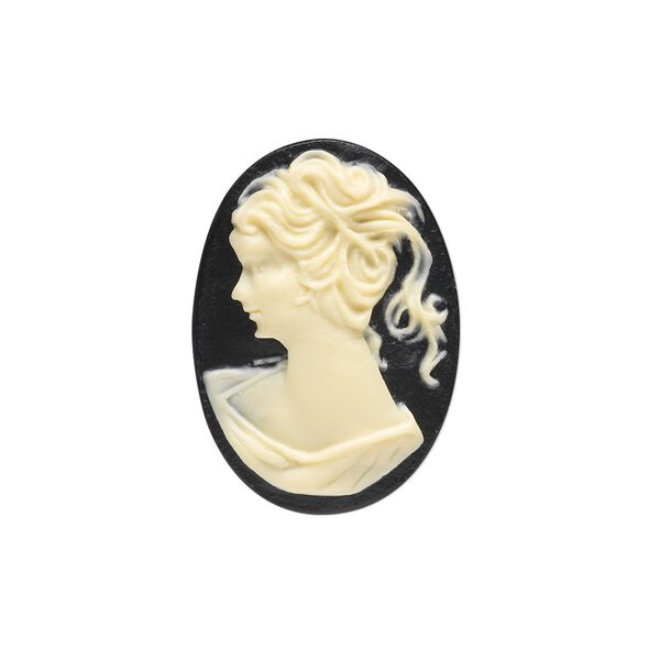 Cabochon, acrylic, ivory and black, 25x18mm right- and left-facing non-calibrated oval cameo with woman. Sold per pkg of 6 pairs. image number 0
