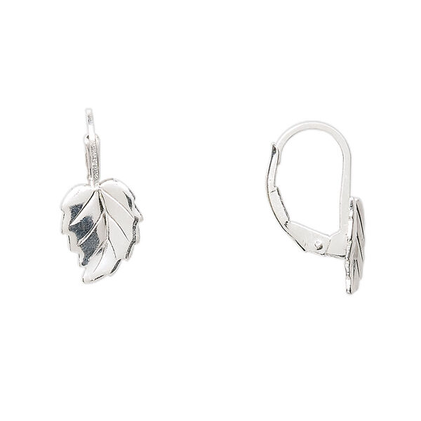 Ear wire, sterling silver, 17mm leverback with 10x8mm leaf. Sold per pair. image number 0