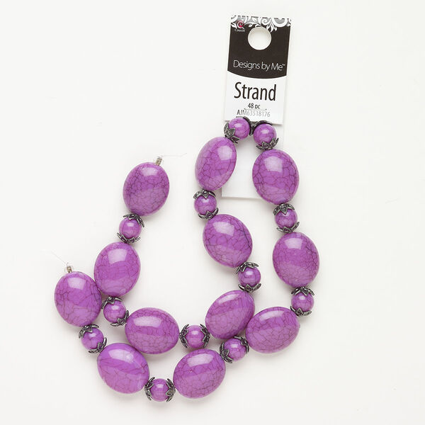 Bead finding assortment "pewter" zinc-based alloy acrylic, 10x3mm flower bead cap 10mm round 23x19.5mm puffed oval, gunmetal finish purple dark purple 15.5-16 inch image number 0