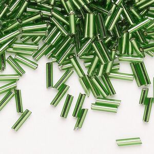 Bead, Ming Tree™, bugle bead, glass, pkg/1/4 pound, 1/4 inch, silver-lined translucent emerald green.