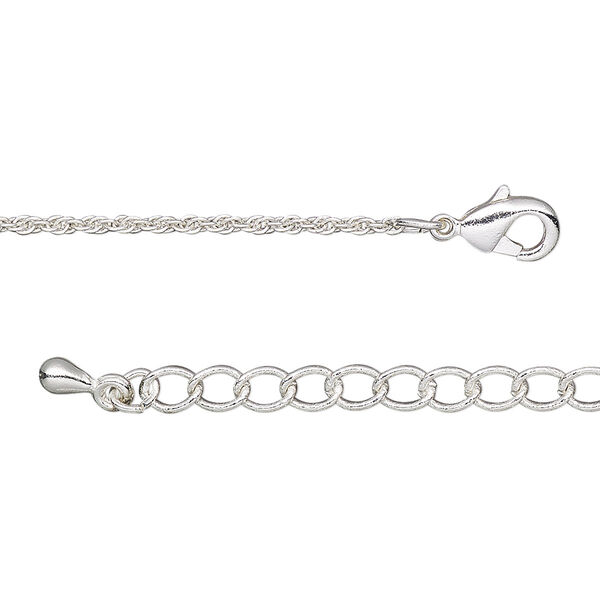 Chain, silver-plated brass, 1.2mm triple rope, 18 inches with 2-inch extender chain and lobster claw clasp. Sold individually. image number 0