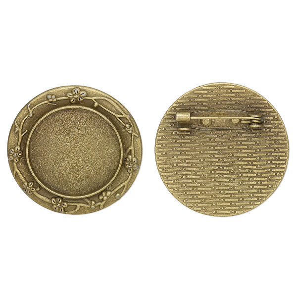 Brooch back, glue-in, antique brass-finished "pewter" (zinc-based alloy), 30mm single-sided round with flower design with 20mm round setting. Sold per pkg of 2. image number 0