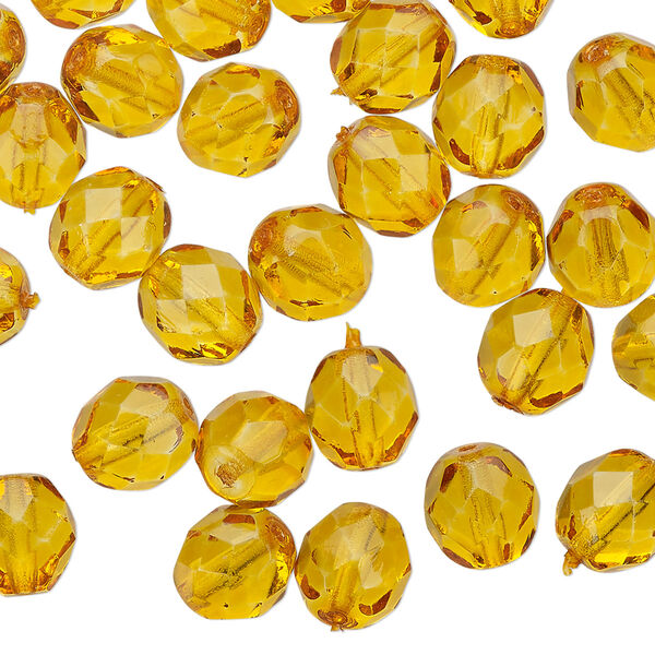 Bead 1pkg50 Czech fire-polished glass, 8mm faceted round, translucent dipped décor honey image number 0
