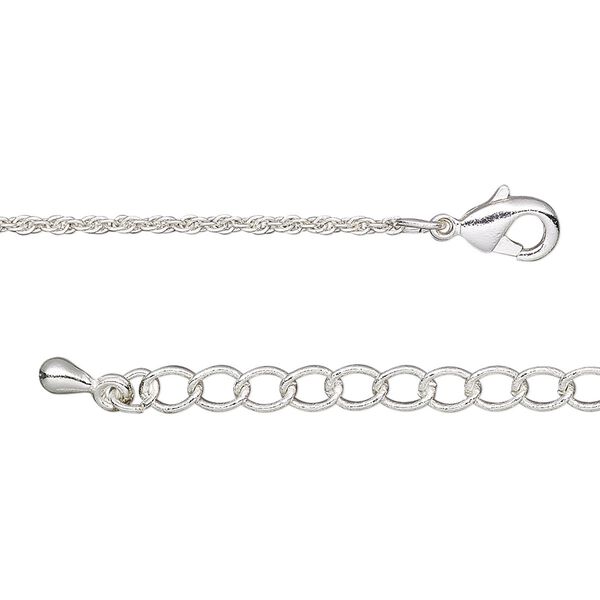 Chain, silver-plated brass, 1.2mm triple rope, 18 inches with 2-inch extender chain and lobster claw clasp. Sold individually. image number 0