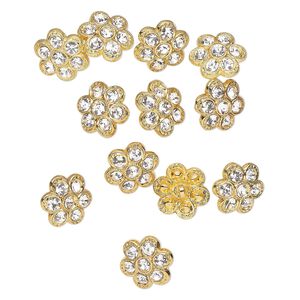 Button, gold-finished brass and Czech glass, clear, 15x7mm flower. Sold per pkg of 12.
