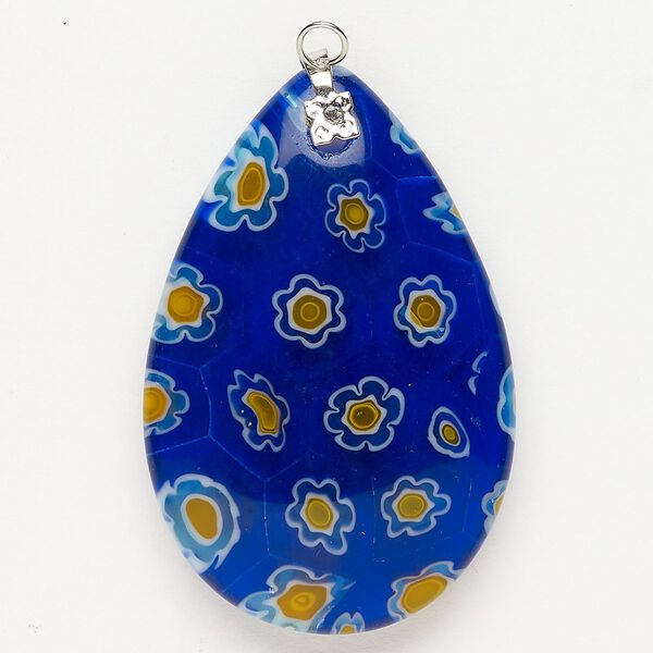Focal 1pkg1 silver-finished steel and millefiori glass, translucent and transparent cobalt blue / yellow / white, 47x30mm-48x33mm puffed teardrop. image number 0