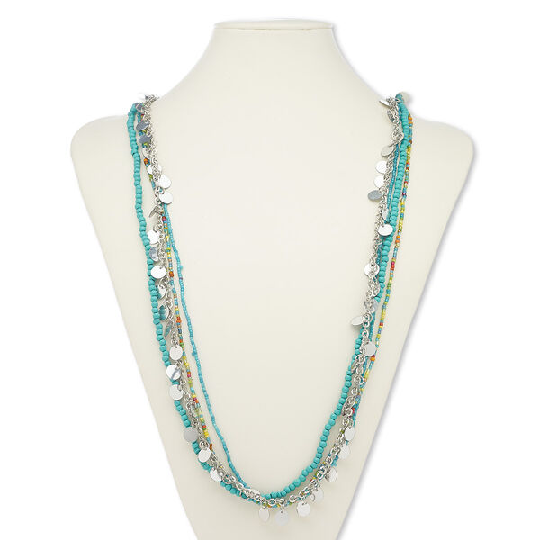 Necklace, 4-strand, acrylic / glass / silver-plated steel, multicolored, 42-inch continuous loop. Sold individually. image number 0