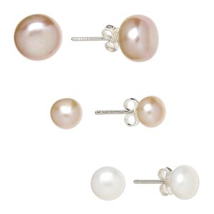 Earstud mix, Create Compliments®, cultured freshwater pearl (natural / bleached) and sterling silver, peach / white / mauve, 6-8mm button with post. Sold per pkg of 3 pairs.