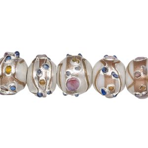 Bead, lampworked glass, opaque light silver and multicolored with silver- and gold-colored foil, 13x11mm rondelle. Sold per pkg of 30.