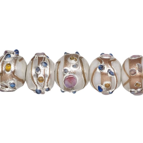 Bead, lampworked glass, opaque light silver and multicolored with silver- and gold-colored foil, 13x11mm rondelle. Sold per pkg of 30. image number 0