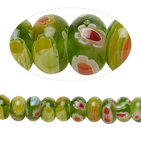 Bead, millefiori glass, translucent green / red / blue multicolored, 8x5mm rondelle. Sold per 15-inch strand, approximately 80 beads. image number 0