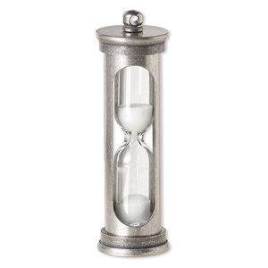 Focal, sand / glass / silicone / antique silver-finished brass, white and clear, 47x14mm hourglass. Sold individually.