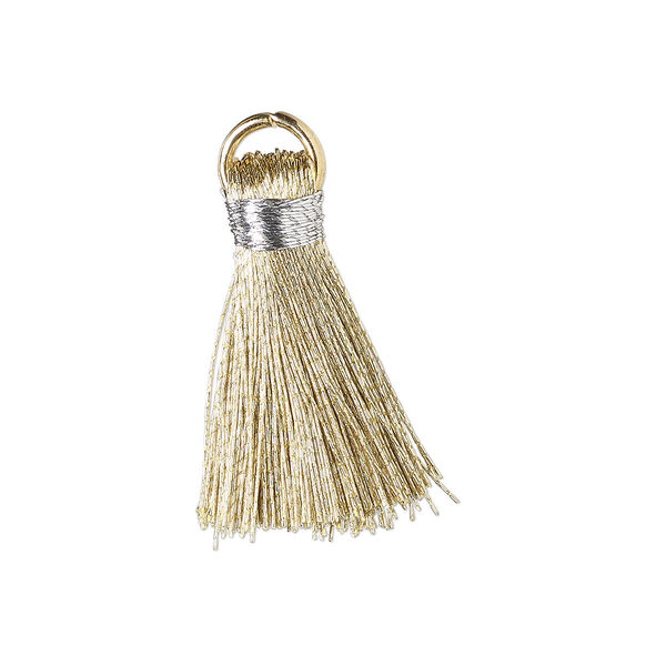 Tassel, cotton and gold-finished steel, metallic gold and silver, 20-24mm mini tassel with 6mm open jump ring. Sold per pkg of 4. image number 0