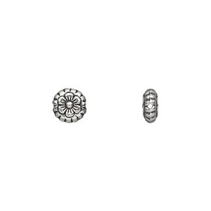 Bead, antique silver-plated "pewter" (zinc-based alloy), 7x3mm double-sided flat round flower. Sold per pkg of 100.
