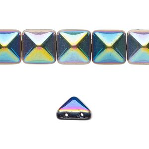 Spacer, Preciosa, Czech pressed glass, opaque black vitrail, 11x11x7.5mm 2-strand pyramid, fits up to 5.5mm bead. Sold per 8-inch strand, approximately 15 spacers.