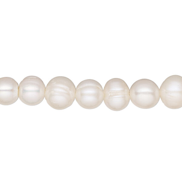 Pearl, cultured freshwater (bleached), white, 7-8mm semi-round, C grade, Mohs hardness 2-1/2 to 4. Sold per 15-1/2" to 16" strand. image number 0