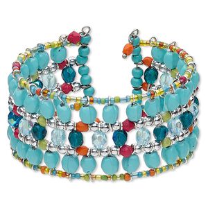 Bracelet, cuff, glass / painted acrylic / silver-plated steel, multicolored, 34mm wide, adjustable from 7-1/2 to 8-1/2 inches. Sold individually.