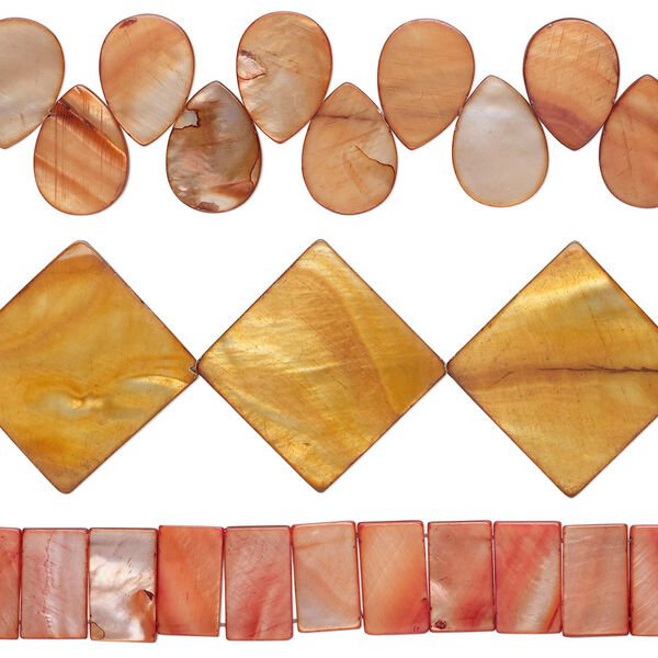Bead mix, mother-of-pearl shell (dyed), copper, 15x9mm-31mm top- and center-drilled mixed shapes with 0.6-0.8mm hole, Mohs hardness 3-1/2. Sold per pkg of (3) 15-inch strands. image number 0