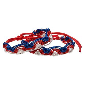 Bracelet, macramé, nylon, red / white / blue, 15mm wide, 7-8 inches with tie closure. Sold per pkg of 2.