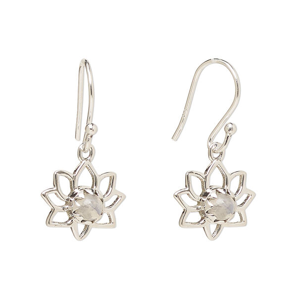 Ear wire, Create Compliments®, antiqued sterling silver and rainbow moonstone (natural), fishhook, 26mm with 14.5x12mm single-sided open lotus, 21 gauge. Sold per pair. image number 0