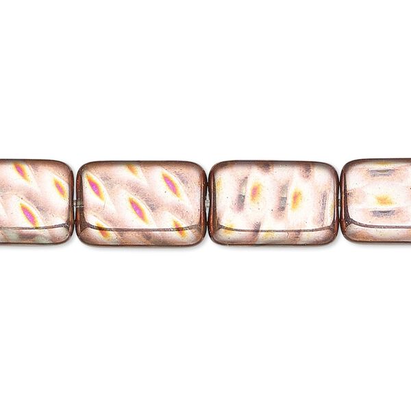 Bead, Czech pressed glass, semitransparent metallic copper peacock clear, 15x10mm rectangle with peacock pattern. Sold per 15-1/2" to 16" strand. image number 0