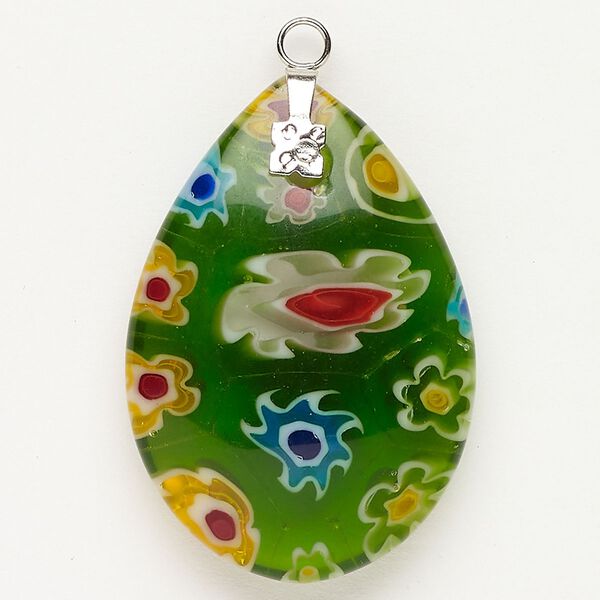 Focal 1pkg1 silver-finished steel and millefiori glass, translucent and transparent green and multicolored, 37x26mm-38x28mm puffed teardrop. image number 0