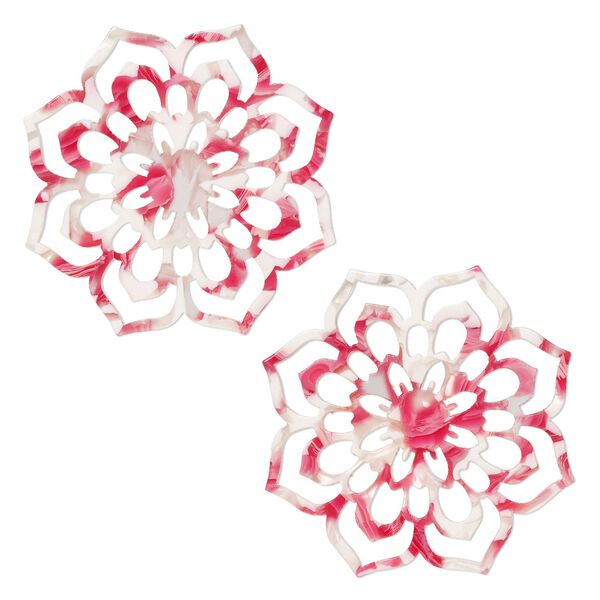 Focal, resin, pink / red / white, 50mm flower with cutouts. Sold per pkg of 2. image number 0