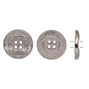 Button, gunmetal-finished "pewter" (zinc-based alloy), 15mm single-sided wavy flat round with textured square design. Sold per pkg of 20.