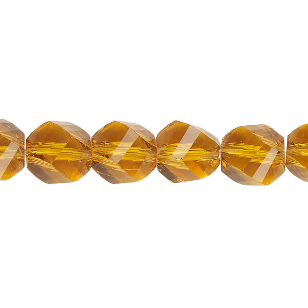 Bead, glass, translucent topaz, 9-10mm faceted helix. Sold per 7-inch strand, approximately 15 beads. image number 0