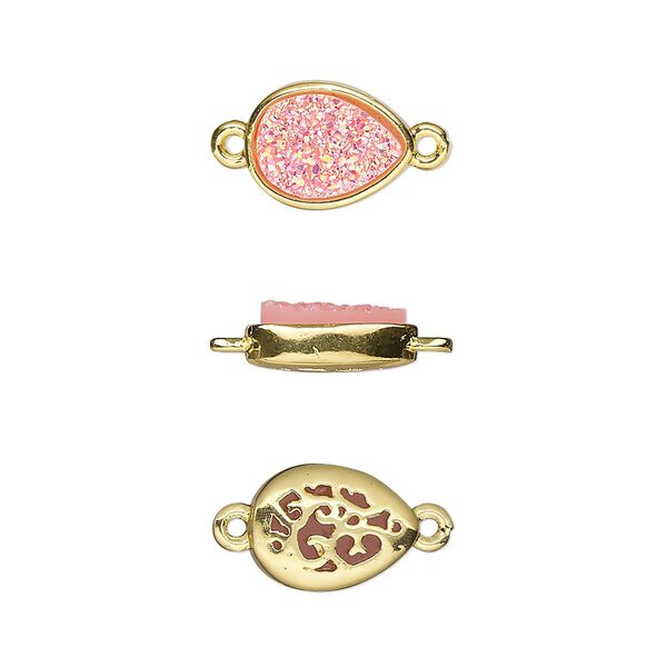 Link, Druzylite™, "druzy" (resin) and gold-finished brass, pink, 11.5x8.5mm two-sided teardrop with open filigree back. Sold per pkg of 4. image number 0