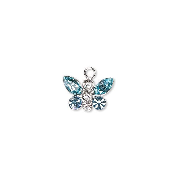 Charm, crystals and sterling silver, crystal clear and aquamarine, 12x8mm butterfly. Sold individually. image number 0
