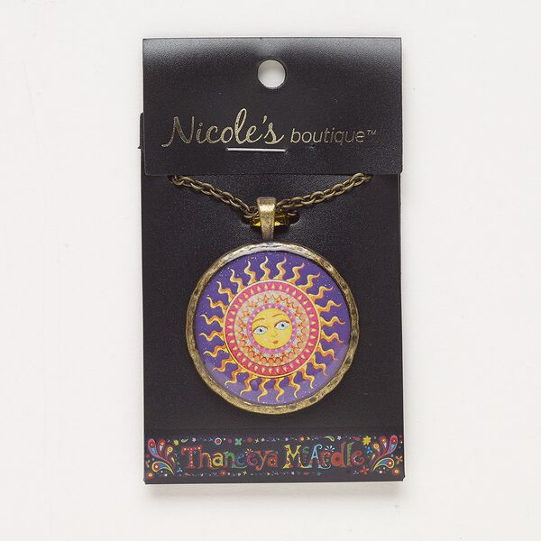 Necklace, resin / antique brass-finished "pewter" (zinc-based alloy) / steel, multicolored, 36mm round with sun design and glitter, 23 inches with lobster claw clasp. Sold individually. image number 0