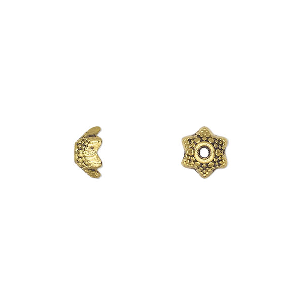 Bead cap, antique gold-finished "pewter" (zinc-based alloy), 7.5x4mm flower, fits 5-8mm round bead. Sold per pkg of 20. image number 0