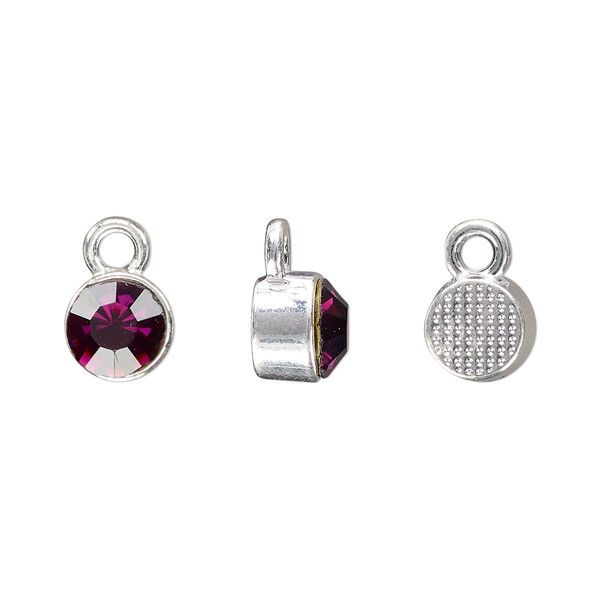 Drop, silver-finished "pewter" (zinc-based alloy) and glass rhinestone, amethyst purple, 8mm faceted round, February birthstone. Sold per pkg of 4. image number 0